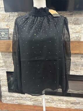 Main Strip Black Mock-Neck Blouse with Crystal Studs and sheer sleeves NWT M